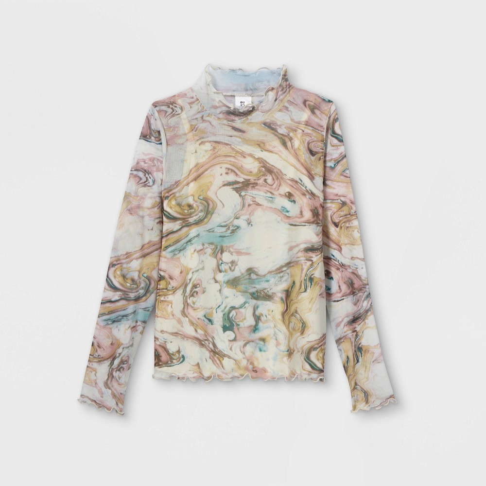 Size large Girls' Lettuce Edge Mock-Neck Mesh Top - art class Cream Ivory