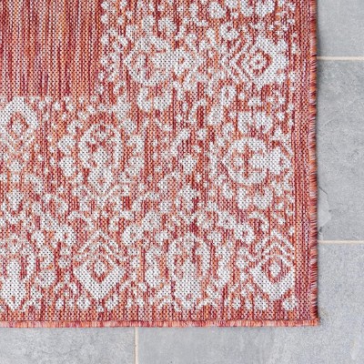 Rust Red and Ivory Synthetic Outdoor Rectangular Area Rug