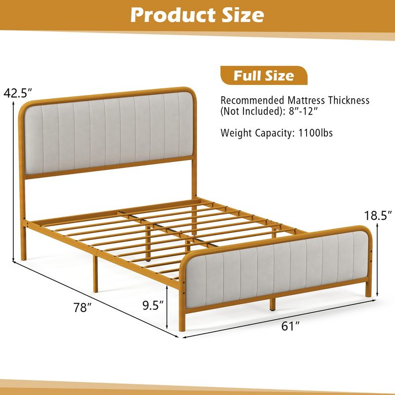 Costway Full Gold Metal Bed Frame Upholstered Platform Bed with Velvet Headboard, 3 of 11