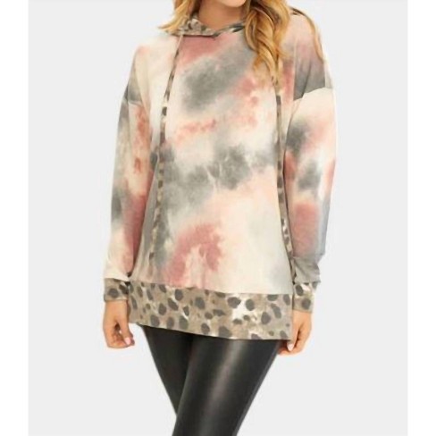 Women's Tie Dye & Leopard Hoodie - White Birch - image 1 of 3