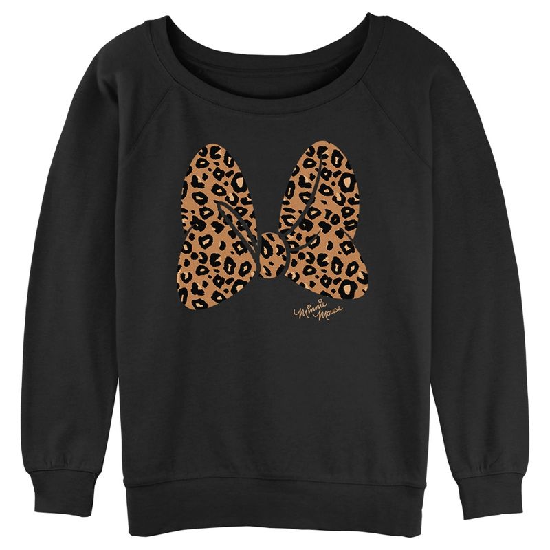 Juniors Womens Mickey & Friends Cheetah Print Minnie Mouse Bow Sweatshirt, 1 of 4