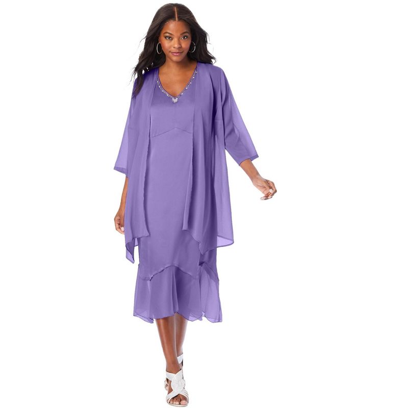 Roaman's Women's Plus Size Scallop-Trim Chiffon 2-Piece Dress Set, 1 of 2