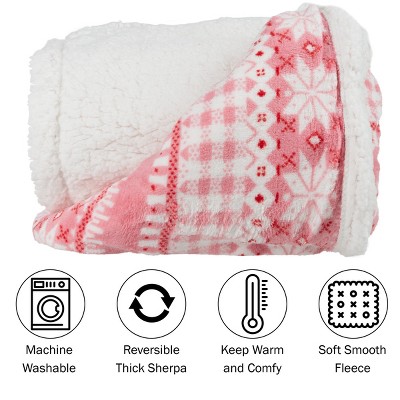 Pink and White Reversible Fleece Sherpa Throw Blanket