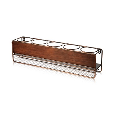 Brown Wood and Iron Wall Mounted Wine Shelf with Stemware Rack