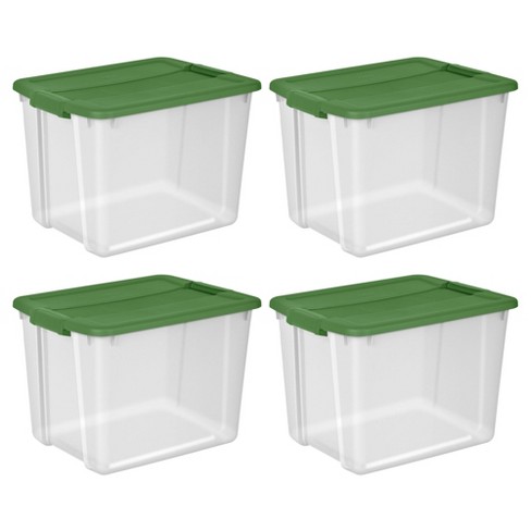 Sterilite 12 Gal Latching Lid Holiday Storage Tote Stackable Home Organizer  Bin With Lid For Decorations, Seasonal Items Clear With Green Lid, 4-pack :  Target