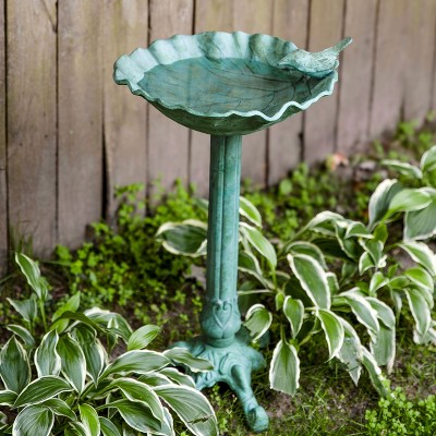 Green Patina Cast Aluminum Leaf Bird Bath with Metal Sculpture