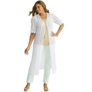 Jessica London Women's Plus Size Scalloped Crochet Sweater Duster - 1 of 4