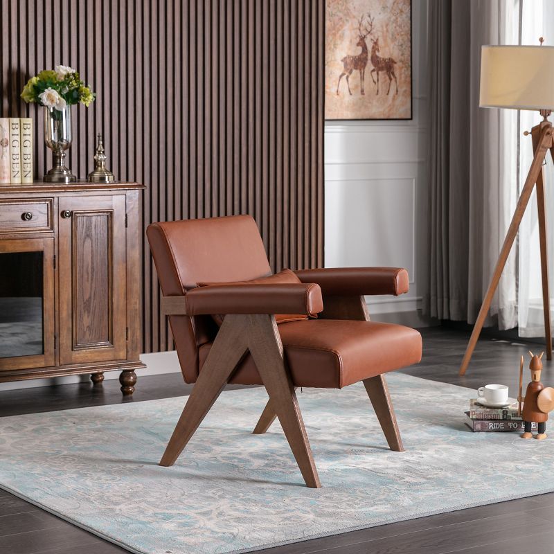 Megan 27.56" Wider Armchair Faux Leather Seat and Lumbar Pillow With Walnut "V" Shape Solid Wood Legs Accent Chair With Arm Pads-The Pop Maison, 3 of 10