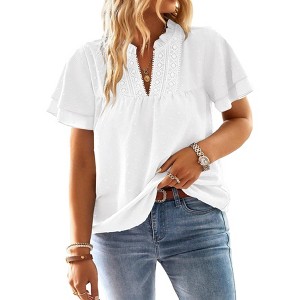 Womens Tops Butterfly Sleeve V Neck Blouses for Women Dressy Casual Flowy Swiss Dot Ruffle Short Sleeve Shirts - 1 of 2