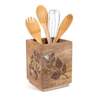 GG Collection Mango Wood with Laser and Metal Inlay Leaf Design Utensil Holder.