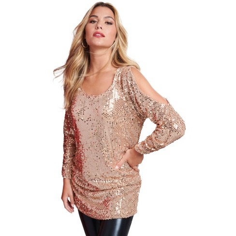 Roaman s Women s Plus Size Cold Shoulder Sequin Tunic 22 24 Sparkling Champagne
