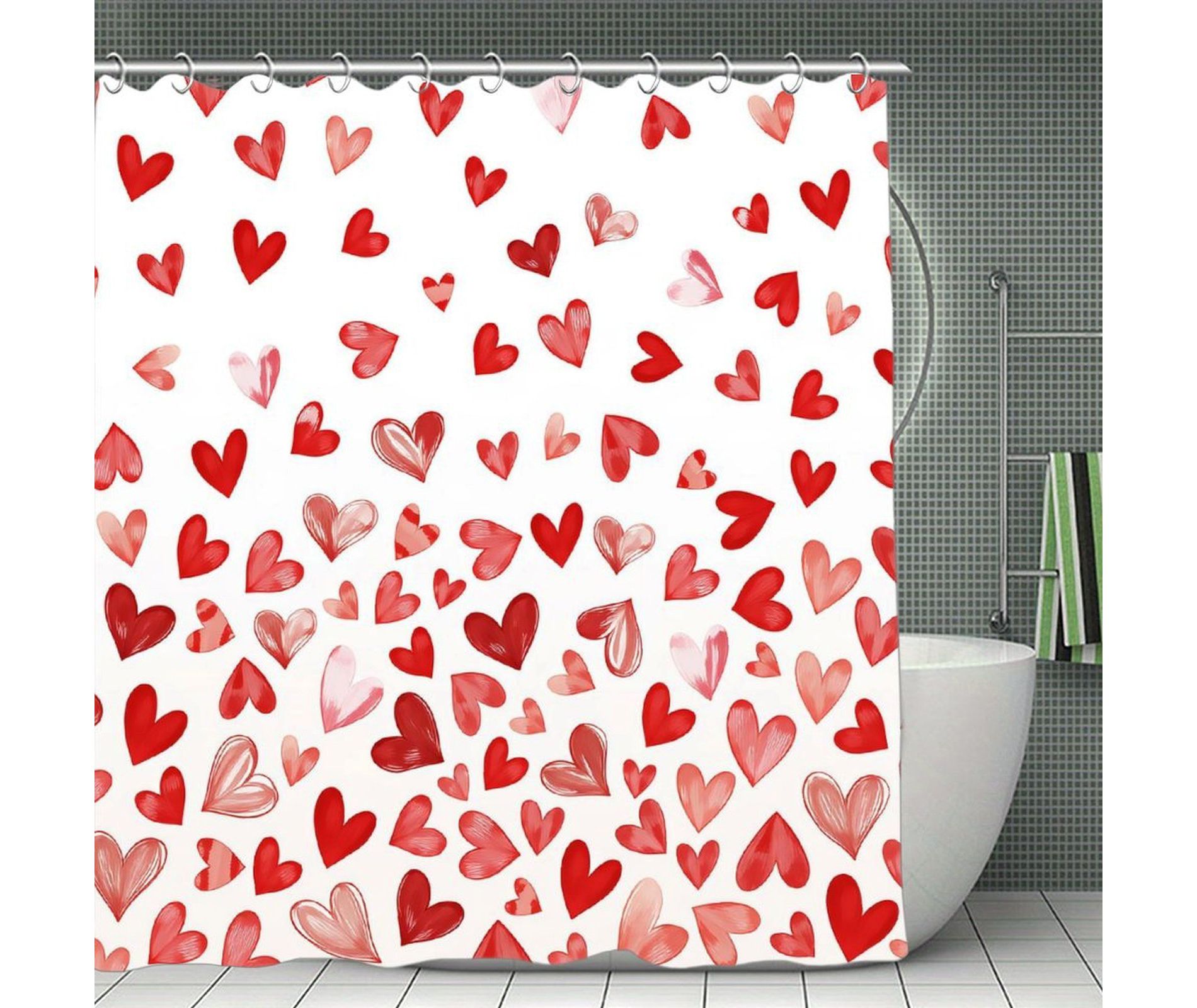 Love Heart Valentines Shower Curtain, Valentines Day Decor Red Bathroom Curtain Set - 70.8x70.8 Inch Waterproof Polyester Fabric with Hooks