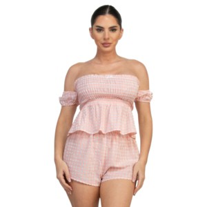 Slickblue Smock Gingham Top & Mini Short Set, Off-Shoulder Fit, Co-ord Outfit, Vacation Wear, Black/Blush, Size S-L - 1 of 4