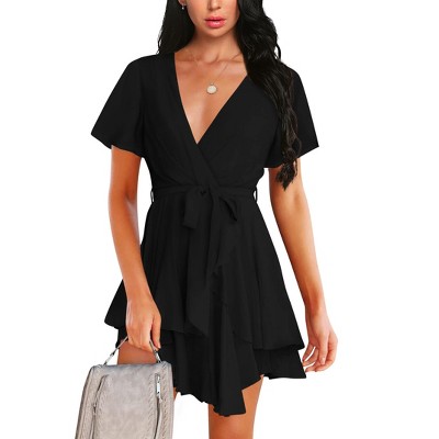 Womens Summer Dresses V Neck Ruffle Short Sleeve Flowy Swing A Line Midi Dress