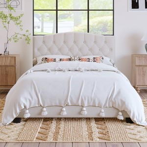 Upholstered  Linen Platform Bed Frame with Curved Tufted Adjustable Headboard Beige-ModernLuxe - 1 of 4