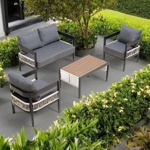 4-Piece Outdoor Iron Cnversation Sofa Set with Coffee Table, Rattan Decoration - 1 of 4