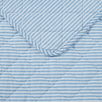 Oxford Stripe Blue Cotton Reversible King Quilt Set
