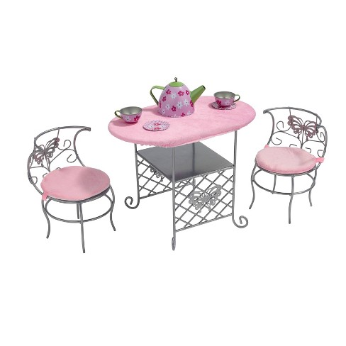 Badger Basket Tea Time Metal Doll Table and Chair Set with Accessories Silver Pink Multi