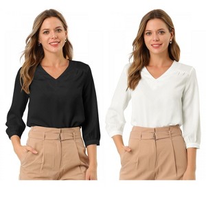 INSPIRE CHIC Women's V Neck 3/4 Sleeve Casual Office Work Satin Blouses 2 Packs - 1 of 4