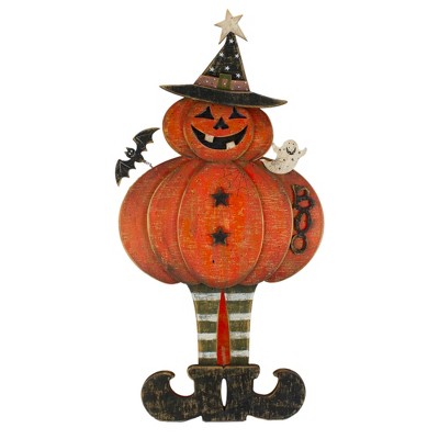 Northlight 28" Lighted Standing Pumpkin With A Ghost And Bat Halloween Tabletop Decor