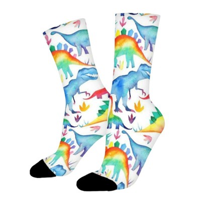Rainbow Watercolour Dinosaurs Women Printed Crew Socks Funny Funky Socks Soft Polyester Novelty Gifts for Artists Men
