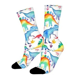 Rainbow Watercolour Dinosaurs Women Printed Crew Socks Funny Funky Socks Soft Polyester Novelty Gifts for Artists Men - 1 of 1