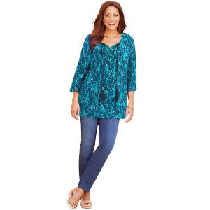 Catherines Women's Plus Size Sequin Trim Gauze Peasant Blouse - 1 of 4