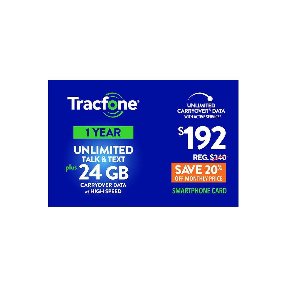 Tracfone Unlimited Talk/Text + 24GB Carryover Data 1 Year Plan Smartphone Card (Email Delivery) - $192