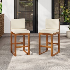 Christopher Knight Home Goleta Outdoor Acacia Wood Bar Stools with Water-Resistant Cushions and Sled Legs (Set of 2) - 1 of 4