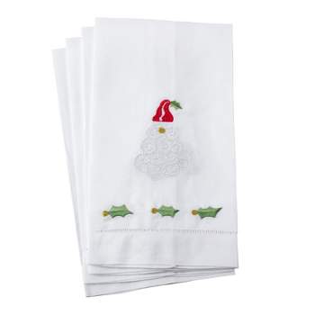 Saro Lifestyle Embroidered Santa Claus Christmas Holiday Hemstitched Trim Border Linen Cotton Guest Towel - Set of 4