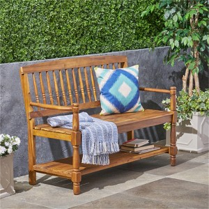 SKRAN Indoor/Outdoor Acacia Wood Bench with Shelf, 2-Person Slatted Patio Farmhouse Wooden Stool for Use in Yard, Garden, Porch, or Park, Teak - 1 of 4
