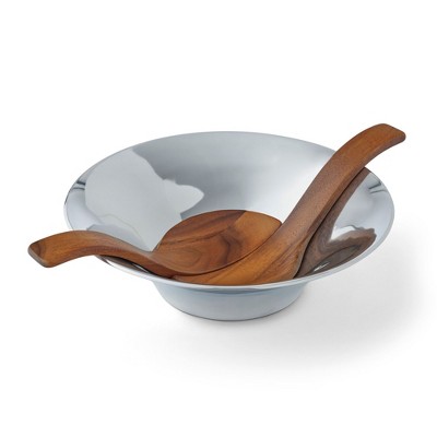 Nambé Round Salad Bowl with Acacia Wood Servers – Contemporary Alloy Serving Dish for Salads, Pasta, or Hors d’Oeuvres, Elegant Centerpiece