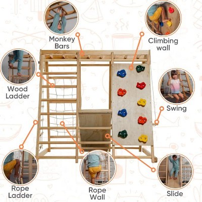 Large Natural Pine Indoor Playset with Slide, Swing, and Climbing Wall