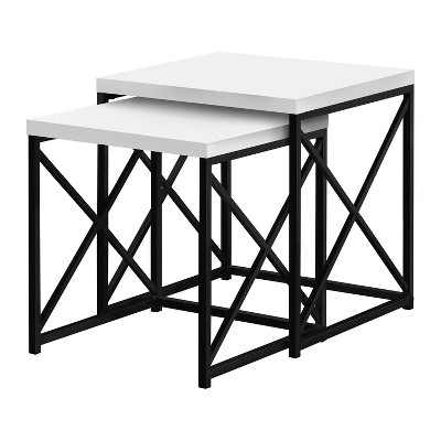 Monarch Specialties 2 Piece Square Metal Nesting Accent Side Table Set for Living Rooms, Sitting Areas, and Bedrooms, White and Black