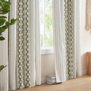 Wikineon 1 PCS 50x95" Cotton Printed Curtain Panel with Chenille Stripe and Lining Green. - 1 of 4