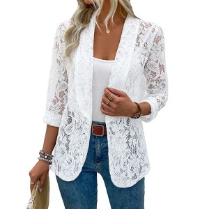 BLUEMING Womens Open Front Lace Blazers Long Sleeve Floral Crochet Shrug Cover Ups Casual Blazers Jacket - 1 of 4