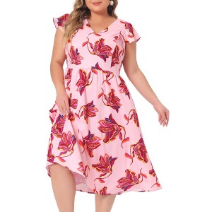 Agnes Orinda Women's Plus Size Ruffle Sleeves Tie Back V Neck Midi A Line Floral Dresses - 1 of 4