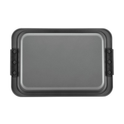 Gray Nonstick Rectangular Cake Pan with Silicone Grips and Lid