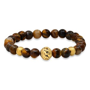 Steeltime Men's tiger eye and 18k gold plated stainless steel beaded stretch bracelet - 1 of 4