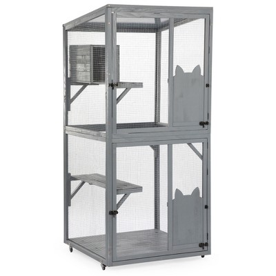 Sevobal Pet Carriers, Cat Cages Enclosure with Platforms and Lockable Wheels, Double Doors Cages for Indoor or Outdoor, Gray, 31.5"*31.5"*70.3"
