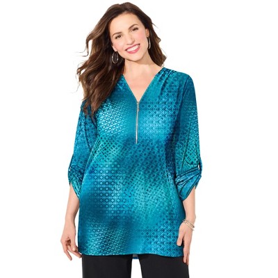 Catherines Women's Plus Size Petite Dream Drape Zip V-Neck Top