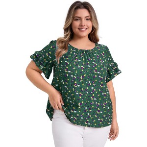 Women's Plus Size Floral-Print Crew Neck Double Layer Ruffle Short Sleeve Casual Blouses - GRACE & GRANDEUR - 1 of 4