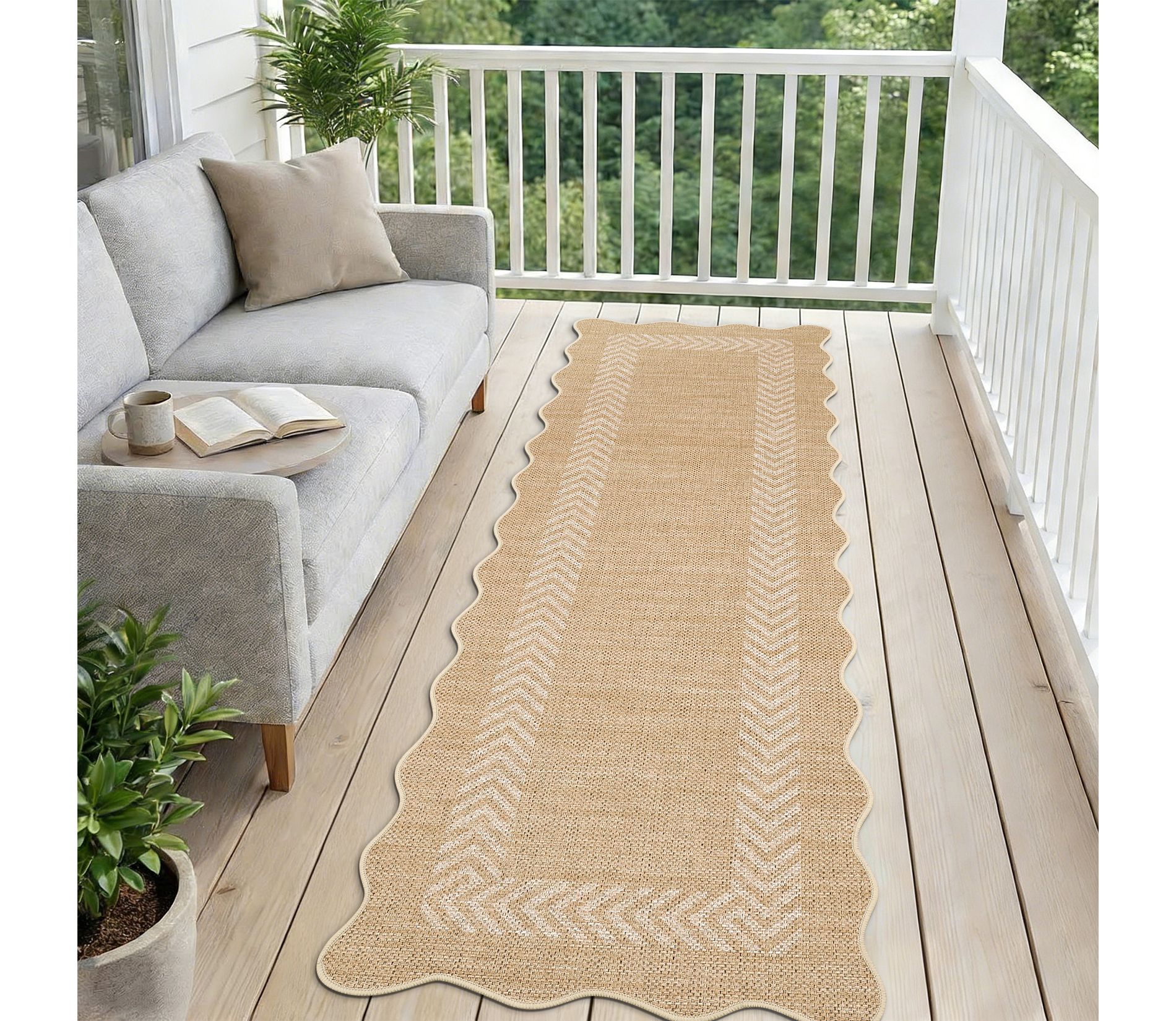 Garvee Easy Jute Area Rugs for Patio Living Room Bedroom Modern Scalloped Bordered Indoor Outdoor Rug
