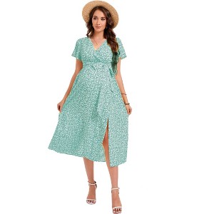 Women's Maternity Casual Midi Dress Short Sleeve Summer Fashion Breathable A Line Wrap V-Neck Baby Shower Pregnancy Dresses for Photoshoot - 1 of 1
