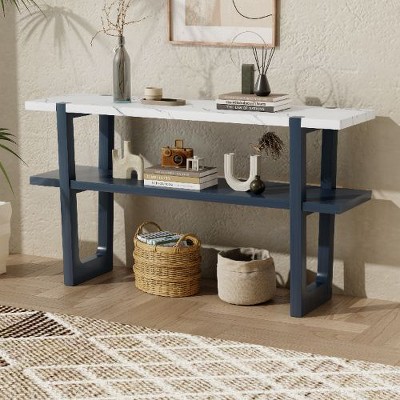 PAGED Mediterranean Narrow Console Table with Marble-Effect Top, Retro Entryway Table with Open Shelf, 2-Tier Storage Sofa Table for Entryway