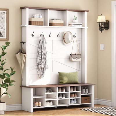 4-In-1 Hall Tree With 6 Hooks,Walnut Entryway Bench,Adjustable Shelves,Shoe Organizer With 16 Open Compartments -Maison Boucle