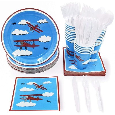 Juvale 24 Set Kids Airplane Birthday Party Dinnerware Plate Knife Spoon Fork Cup Napkin