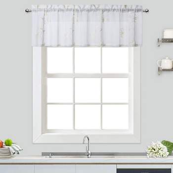 Floral Embroidered Voile Sheer Short Kitchen Curtains for Small Windows Bathroom