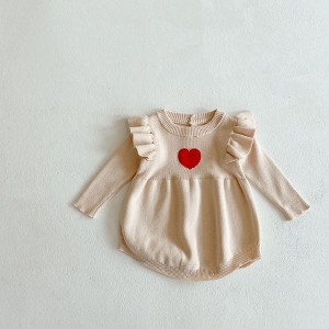 MyKids-USA Baby Girl 1pcs Heart Embroidered Pattern Ruffle Long Sleeve Knit Onesies - 1 of 4