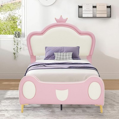 Kumasinova Full/Twin Size Bed Frame,Double Petal/Bear Ears/Crown Headboard,LED Lights&2 Storage Drawers/2 Storage Stools/Bed-End Storage Pocket,Pink